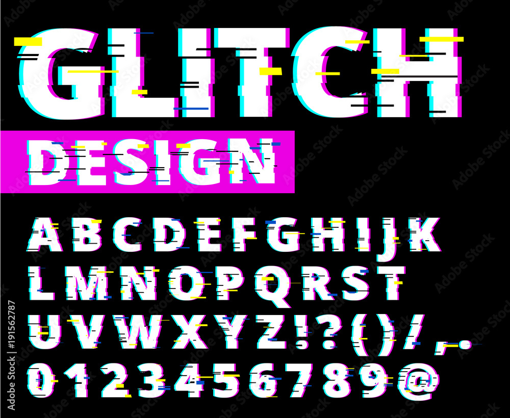 Fototapete trendy style distorted glitch typeface. letters and numbers vector illustration. glitch font design.