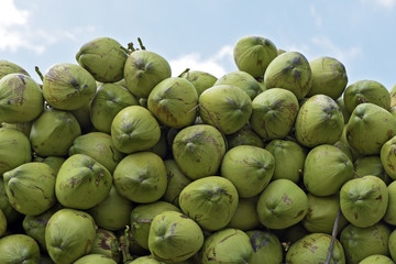 Closeup of pile of coconuts