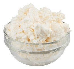 Cottage cheese in glass bowl on a white background