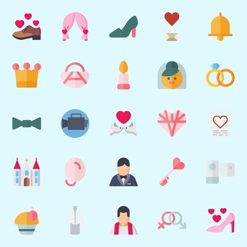 icons set about Wedding. with genders, high heels, groom, love, balloons and shoe