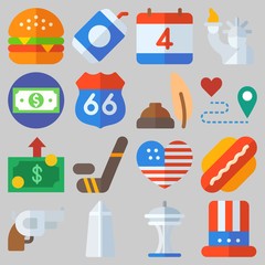 Icon set about United States with keywords money, independent day, hamburger, hockey, statue of liberty and quill