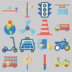 Icon set about Transportation with keywords double decker, truck, stick, direction sing, motorbike and scooter