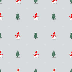 Xmas tree, snowman and snowflakes cute seamless pattern on grey background. Vector holidays illustration for NY and Christmas. Cartoon style. Design for fabric, textile, wallpaper and card - 191564596