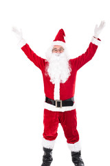 Happy traditional Santa claus showing with copyspace. Joyful Santa claus standing  gesturing his hand isolated on white.Presenting something. Full length portrait