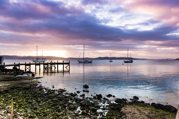 Obraz premium River Derwent Sunrise with three yachts