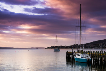 Fototapeta na wymiar River Derwent Sunrise with two yachts