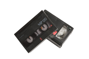 Obraz premium View of old video tape cassettes isolated on white background with clipping path
