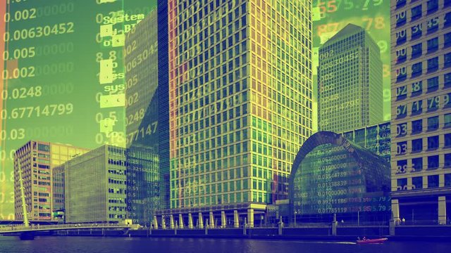 london docklands timelapse with data and computer programming information mapped onto each building face