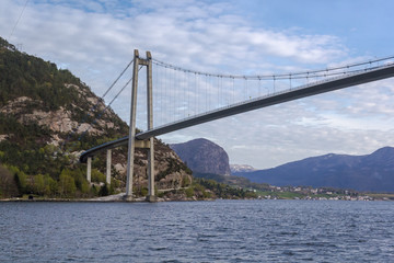 Under the Lysefjorden Bridge boat perspective