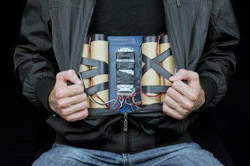 terrorist hides a bomb on his body, make bomb concept