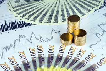 Personal saving, piles of gold coins on dollar bills,  supplementary pension concept closeup...