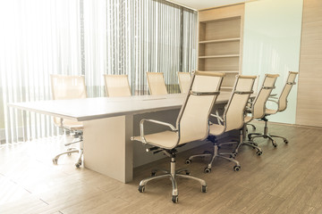 Interior of modern meeting room business concept. Modern furnished conference room beautifully designed for background with sun lighting.