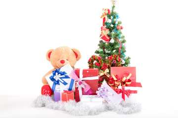 Christmas ornament for decorate with bokeh .Cute santa claus dolls and Christmas decorate on christmas snow field background with copy space.Merry Christmas and happy new year concept