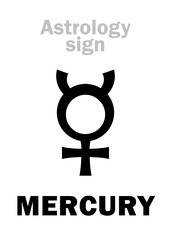 Astrology Alphabet: MERCURY, classic minor mental planet. Hieroglyphics character sign (single symbol).