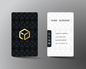 Realistic detailed business card design. With inspiration from geometric. Contact card for company. Two sided  black and white vertical on the gray background. Vector illustration. 