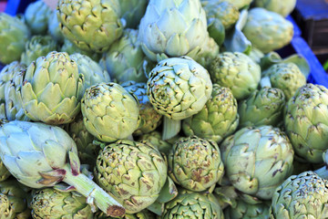 Europe, Spain, Balearic Islands, Mallorca. Street market artichokes.