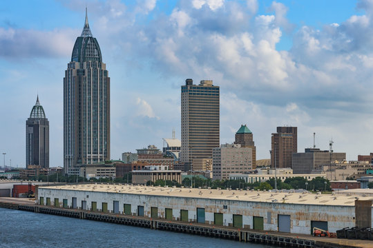 Downtown of Mobile, Alabama, USA and city docks as seeing from port harbour