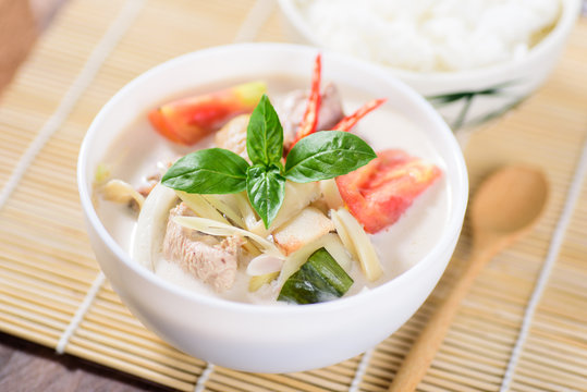 Thai food (Tom Kha Kai), Thai coconut milk soup with chicken and cooked rice