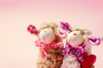 Decoration couple doll with red heart on pink background, valentine day concept