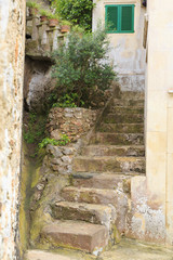 Europe, Spain, Balearic Islands, Mallorca, Santanyi, Cala Figuera . A small , colorful fishing harbor on S.E. corner of island. stairs from water to town.