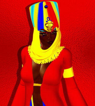 Black Egyptian Woman, princess, pharaoh or queen. This colorful, modern 3d digital art render of an Egyptian fantasy scene is great for projects about Egypt, diversity, women, pride, power and more!