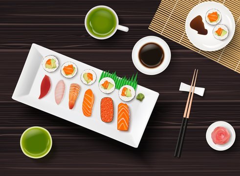 Sushi, Japanese food on wooden table background