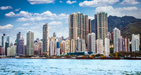Fototapeta premium Hong Kong City skyline at sunrise day.