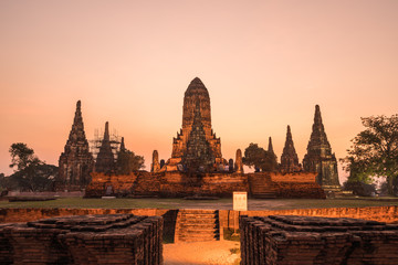 Ancient old pagoda in twilight at Wat Chai Wattanaram, Buddhist temple travel destination