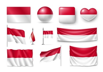 Set Monaco flags, banners, banners, symbols, flat icon. Vector illustration of collection of national symbols on various objects and state signs