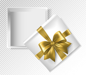 White gift box with gold ribbon and bow - top view vector illustration. Realistic 3d illustration