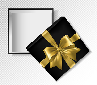 Black Gift Box With Gold Ribbon And Bow - Top View Vector Illustration. Realistic 3d Illustration