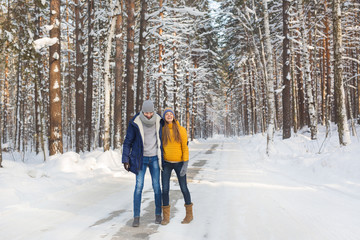 Fototapeta na wymiar Smiling young couple in a forest in the winter