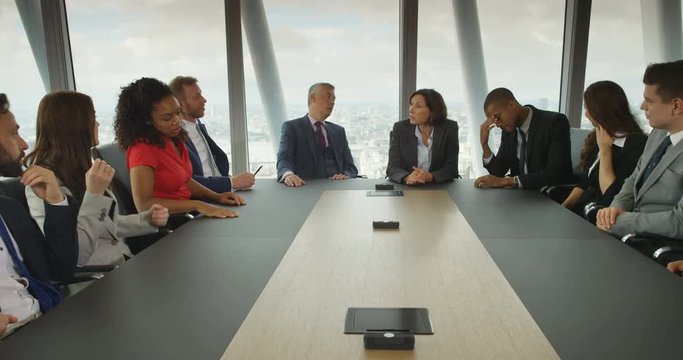 4K Large business team arguing about a business failure in boardroom meeting