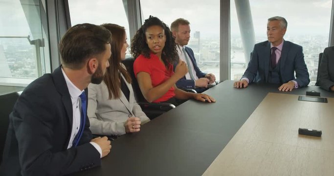4K Business group in boardroom meeting, trying to blame each other for a business failure.