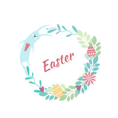 Easter round frame. Rabbit, flowers, plants, eggs, hearts. Vector isolated illustration.