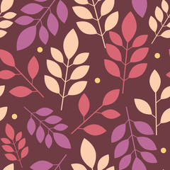 Seamless floral chaotic pattern of multicolored leaves and circles on Burgundy background. Vector illustration
