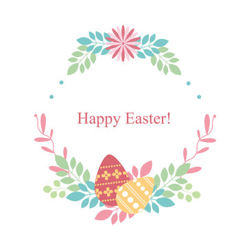 Easter card on white background. Flowers, plants, eggs. Happy Easter. Vector isolated illustration.
