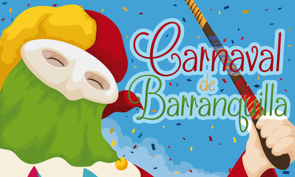 Traditional Monocuco Celebrating Barranquilla's Carnival with Confetti, Vector Illustration