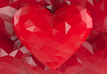 3d rendering. Red heart Low polygonal background.