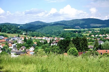 Panoramic view over Weinheim Oberflockenbach in summer