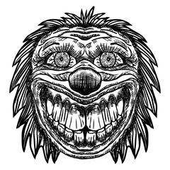 Obraz premium Scary cartoon clown illustration. Blackwork adult flesh tattoo concept. Horror movie zombie clown face character. Vector.