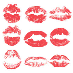 Female kiss shape lips illustration set. Woman sexy mouth stain isolated on white background. Handmade facial expression and red lipstick. Vector.