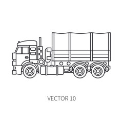 Line flat vector icon construction machinery truck wagon. Industrial style. Corporate cargo delivery. Commercial transportation. Building. Business. Engineering. Diesel power. Illustration for design