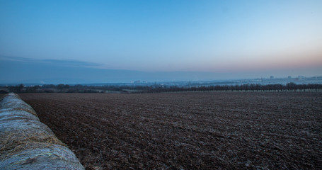 Strohballen an einem Wintermorgen in den Feldern Rheinhessens
