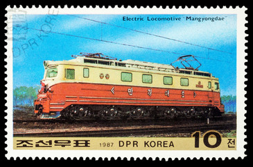 Electric locomotive "Mangyongdae" on postage stamp