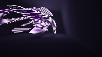 Abstract interior of the future in a minimalist style with violet sculpture. Night view from the backligh. Architectural background. 3D illustration and rendering