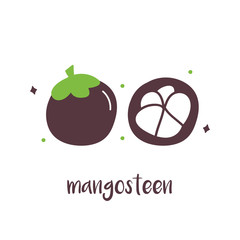 Doodle, hand drawn purple mangosteen, trendy superfood isolated on white background.