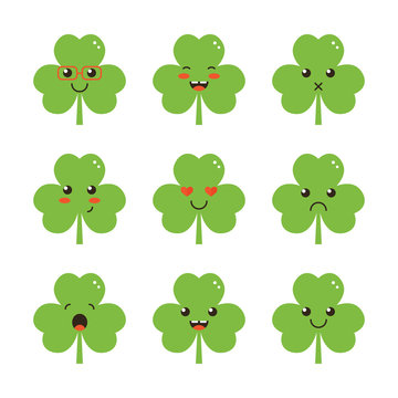 Cute flat design clover, shamrock leaf character with different facial expressions, emotions. Set, collection of emoji isolated on white background.
