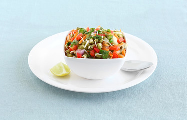 Sprouted moong salad, an healthy Indian vegetarian side dish, which is a rich source of nutrients, in a bowl on a plate with a lemon slice and steel spoon.