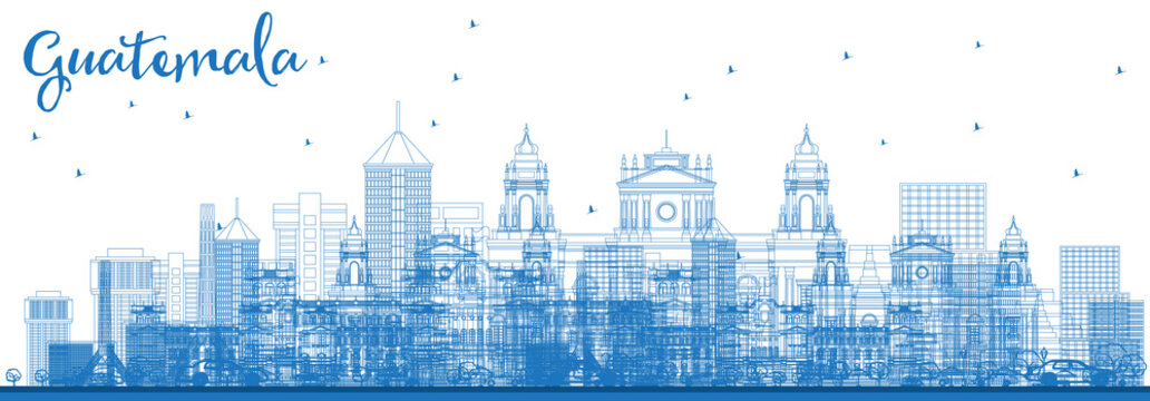 Outline Guatemala City Skyline with Blue Buildings.